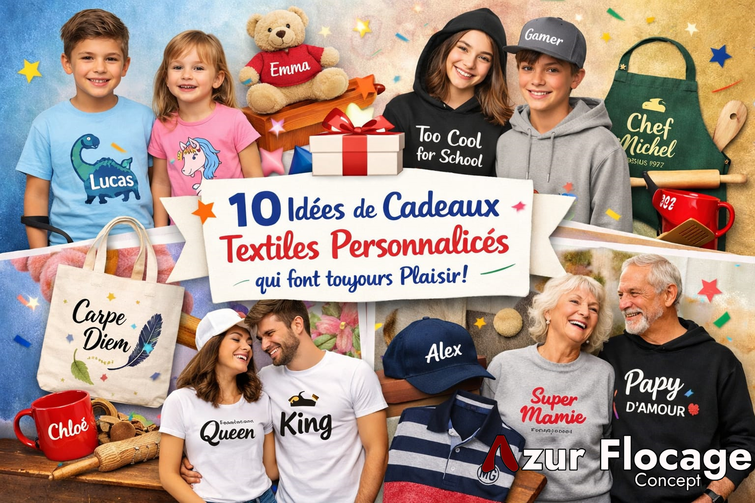 🎁 10 idées de cadeaux textiles personnalisés qui font toujours plaisir avec Azur flocage (selon l’âge)
